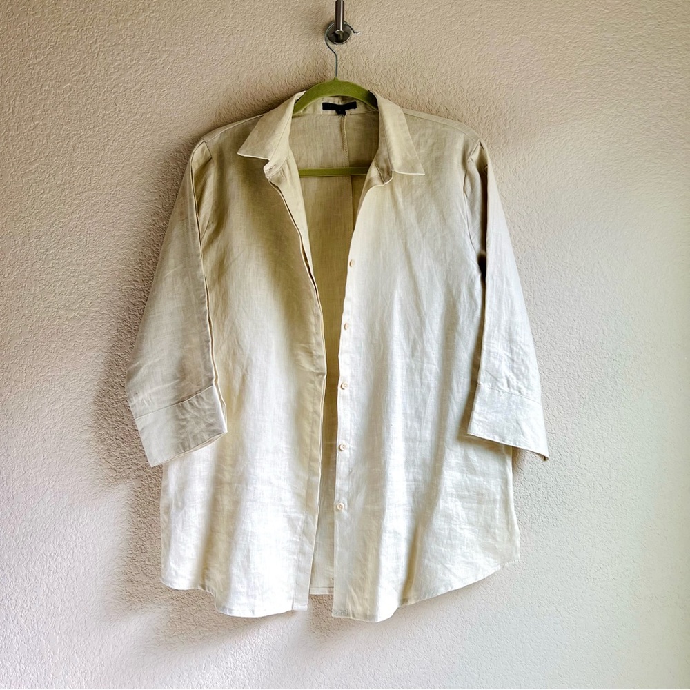 For Cynthia 100% Linen Neutral Light Beige Button Sleeve Shirt, size Petite XL